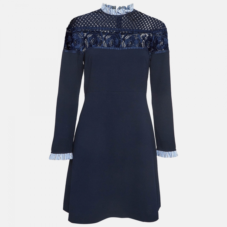 Pre Owned Sandro Navy Blue Crepe & Lace Mini Dress L