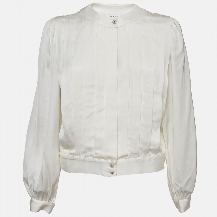 Pre Owned Sandro Off-White Satin Pleated Blouse S 
