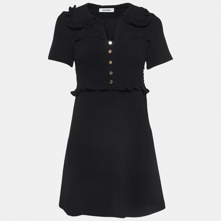 Pre Owned Sandro Black Crepe Ombline Smocked Mini Dress S