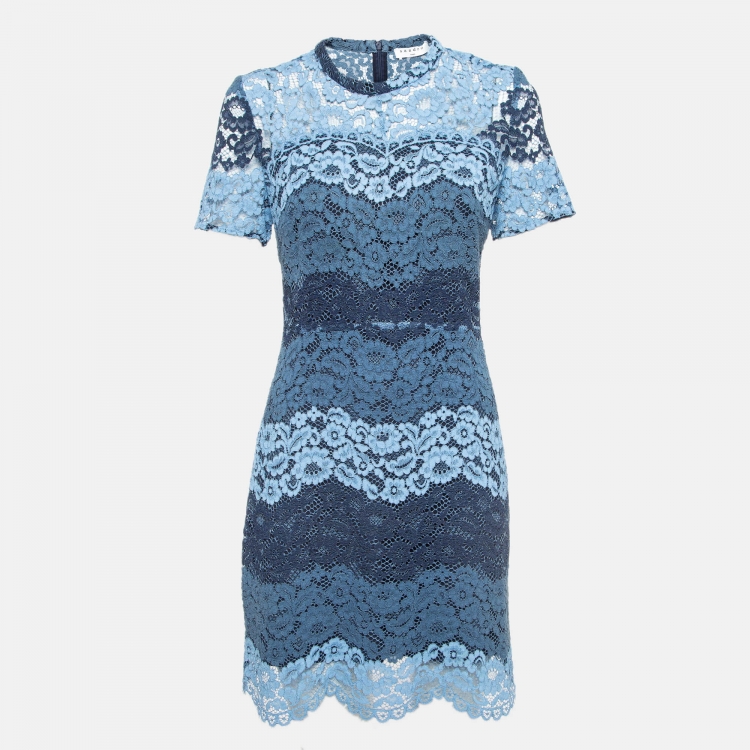Pre Owned Sandro Blue Floral Lace Mini Dress M