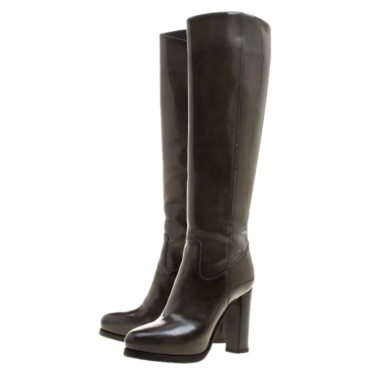 Pre Owned Santoni Khaki Patent Leather Heel Boots Size 37.5