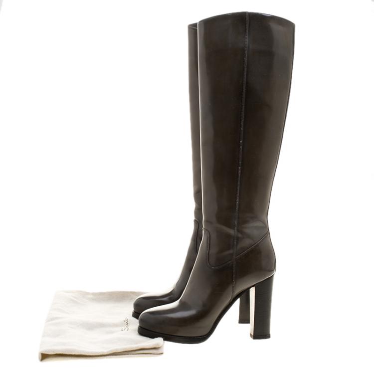 Pre Owned Santoni Khaki Patent Leather Heel Boots Size 37.5
