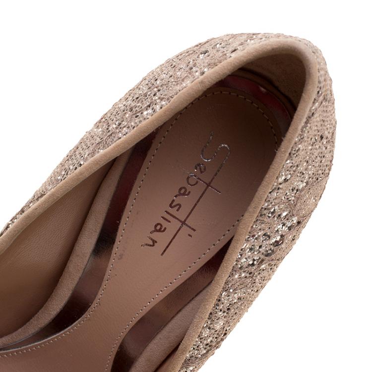Pre Owned Sebastian Beige Lace and Silver Glitter Peep Toe Pumps Size 38