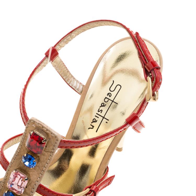 Pre Owned Sebastian Red Patent Leather Crystal Embellished T Strap Sandals Size 37