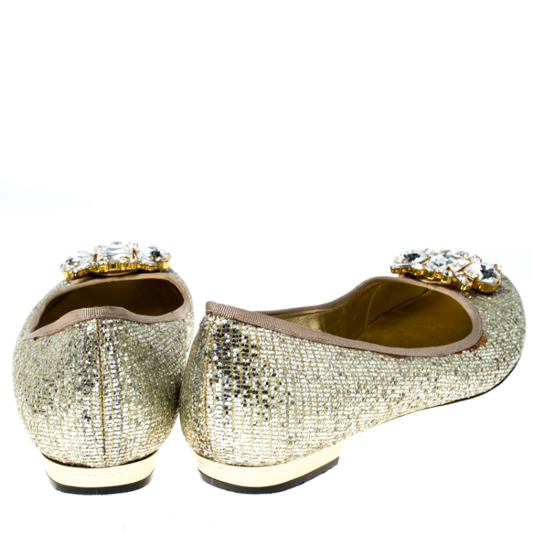 Pre Owned Sebastian Metallic Gold Glitter Crystal Embellished Ballet Flats Size 40