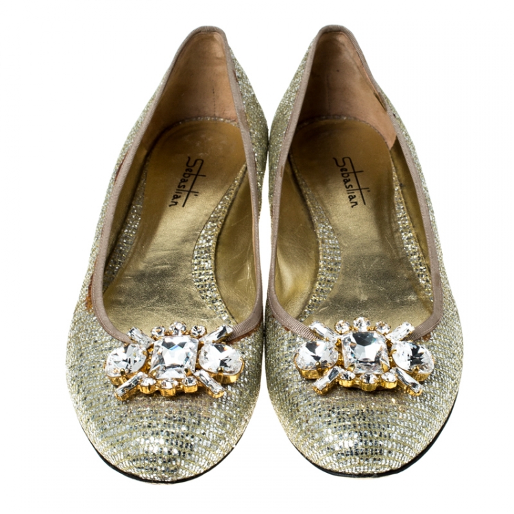 Pre Owned Sebastian Metallic Gold Glitter Crystal Embellished Ballet Flats Size 40