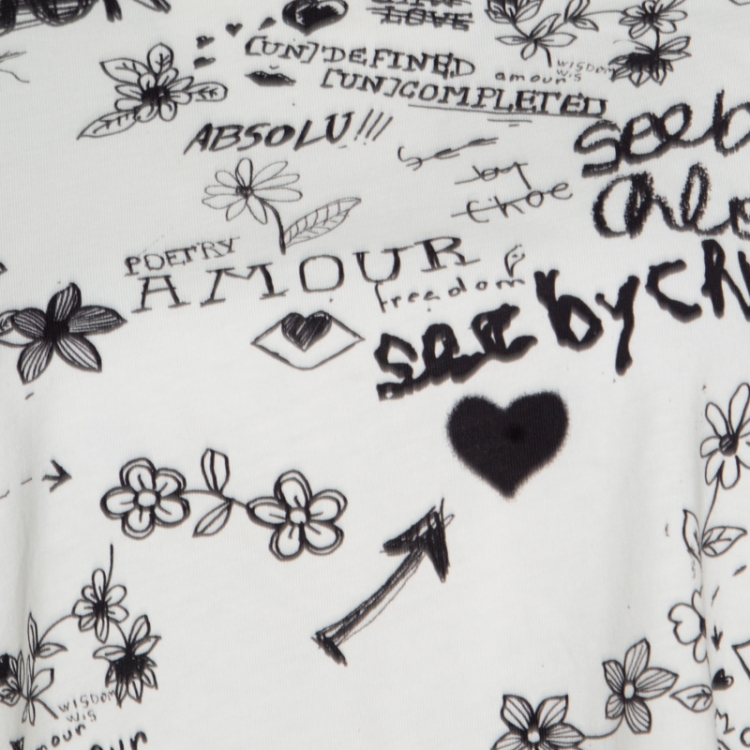 Pre Owned See By Chloe Cloudy White Doodle Print Cotton Cropped T-Shirt L