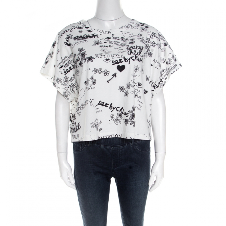 See By Chloe Cloudy White Doodle Print Cotton Cropped T-Shirt L See by ...