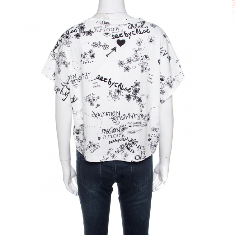 Pre Owned See By Chloe Cloudy White Doodle Print Cotton Cropped T-Shirt L