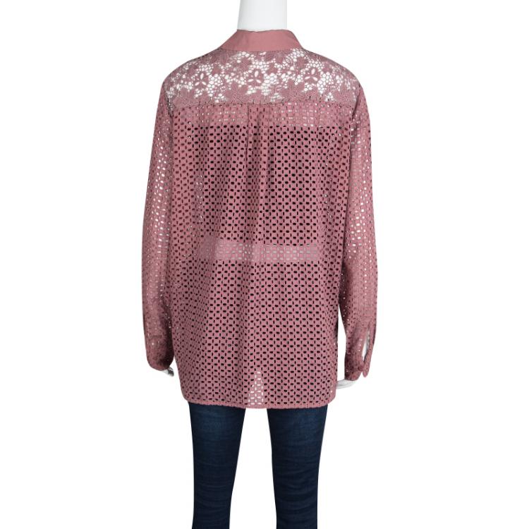 مملوكة مسبقًا See by Chloe Dusty Rose Floral and Eyelet Lace Long Sleeve Shirt L