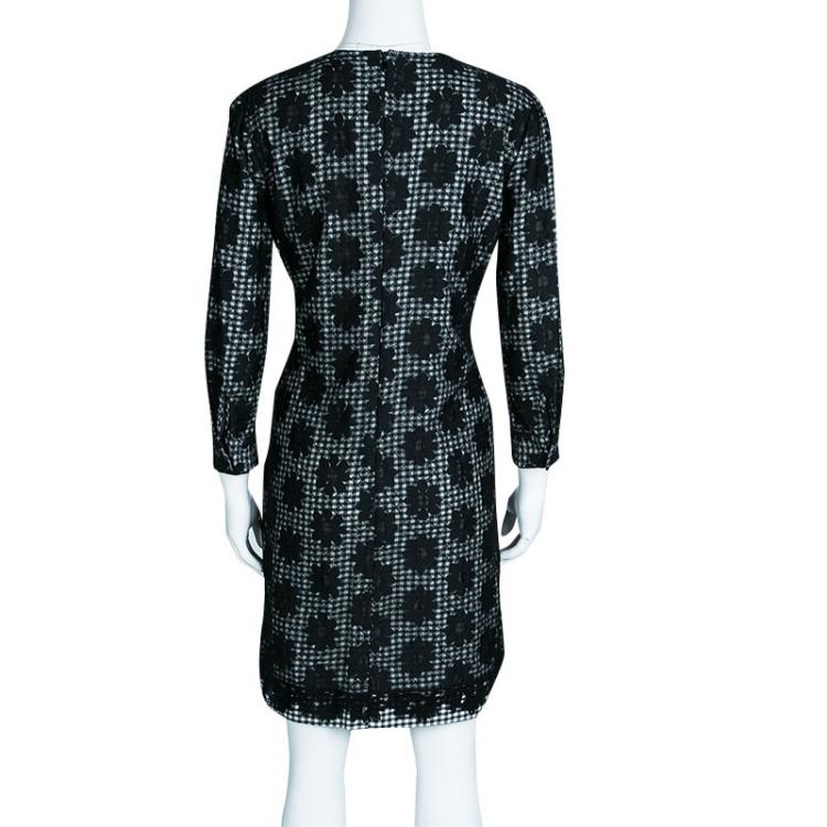 Pre Owned See By Chloe Monochrome Checkered Floral Mesh Overlay Shift Dress L