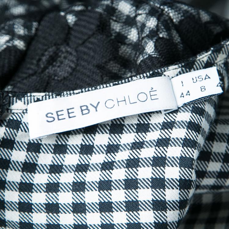 Pre Owned See By Chloe Monochrome Checkered Floral Mesh Overlay Shift Dress L