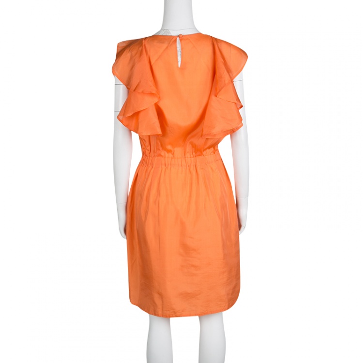 Pre Owned See By Chloe Orange Silk Ruffled Sleeve Gathered Waist Dress M