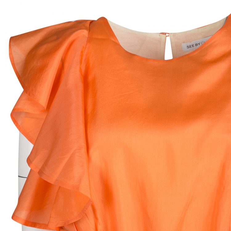 Pre Owned See By Chloe Orange Silk Ruffled Sleeve Gathered Waist Dress M