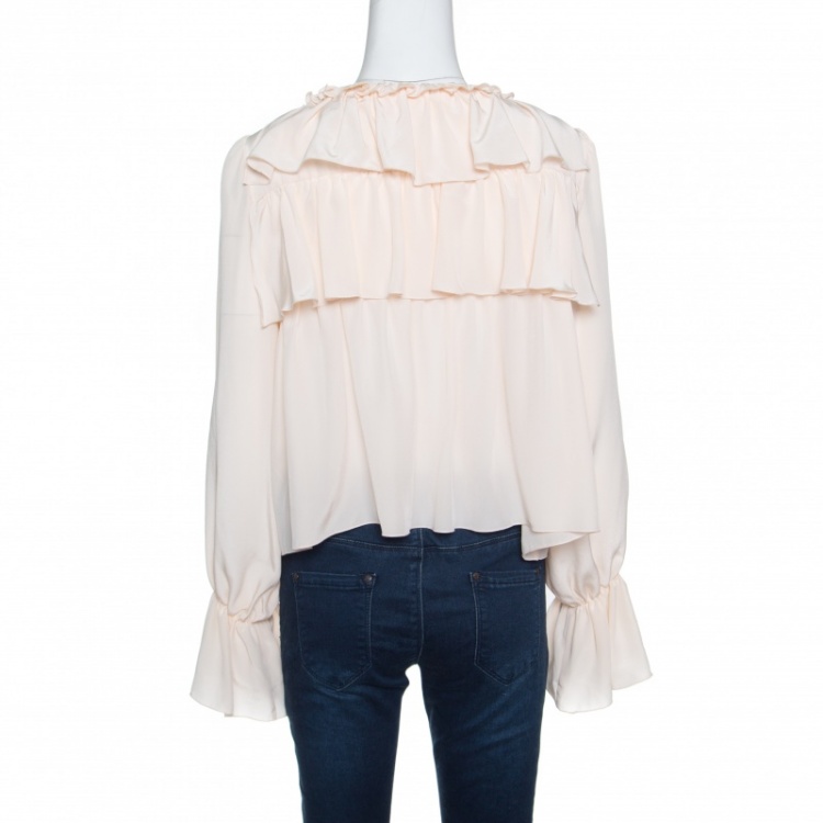 Pre Owned See by Chloe Sheer Pastel Pink Silk Tiered Ruffle Detail Blouse L