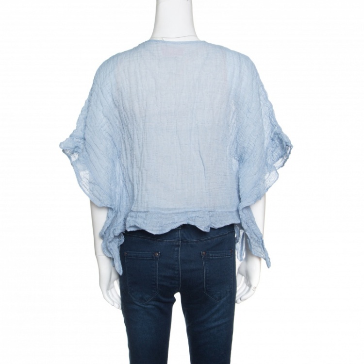 Pre Owned See By Chloe Blue and White Crinkled Cotton Ruffled Trim Top S