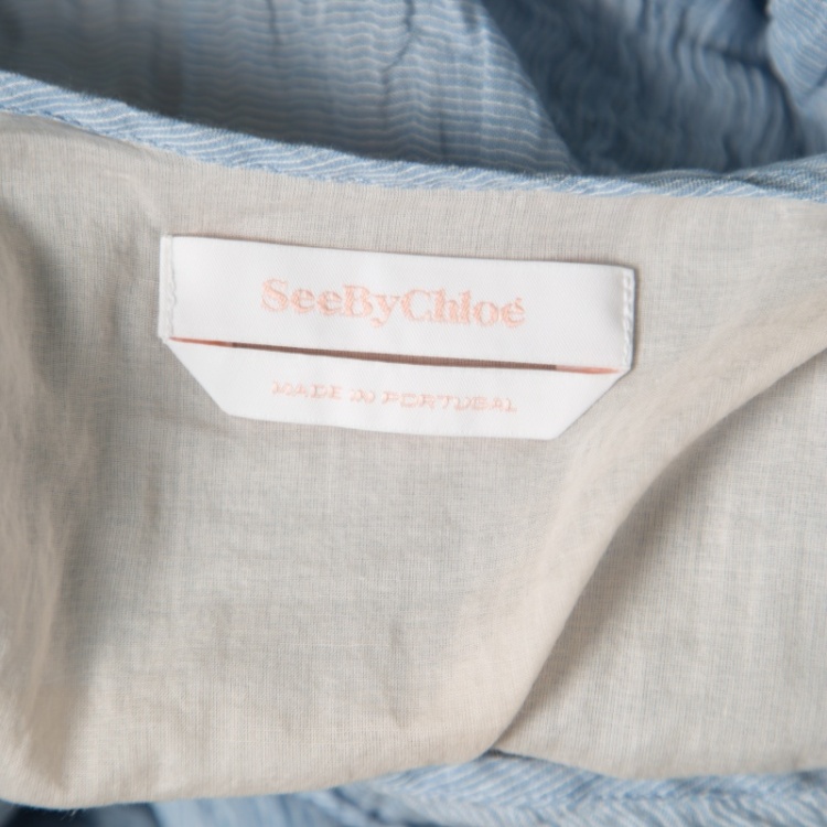 Pre Owned See By Chloe Blue and White Crinkled Cotton Ruffled Trim Top S
