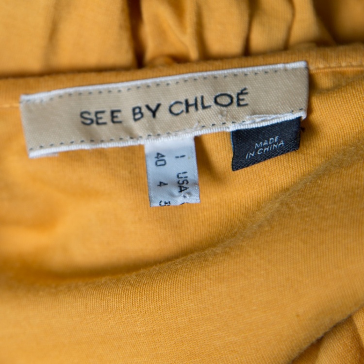 Pre Owned See By Chloe Mustard Yellow Embellished Neck Short Sleeve Dress S