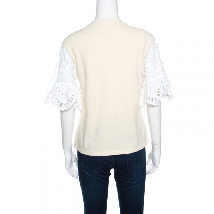 Pre Owned See by Chloe Butter Cream Jersey Contrast Eyelet Sleeve Detail Top S