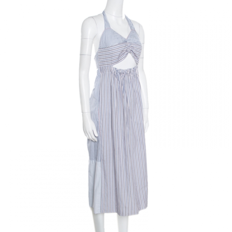 Pre Owned See by Chloe Blue Striped Cotton Cutout Detail Halter Dress M