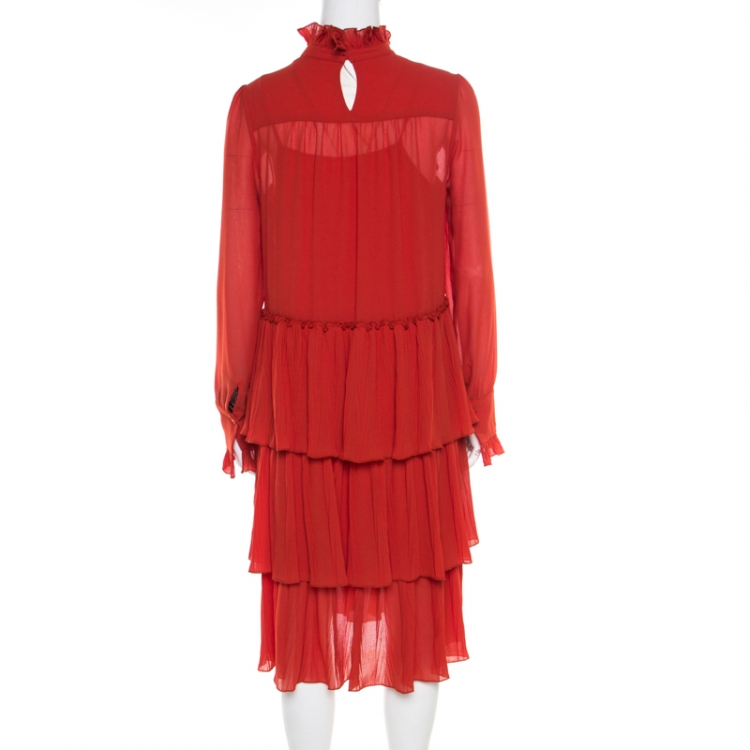 Pre Owned See By Chloe Earthy Red Ruffled Tiered Long Sleeve Dress M