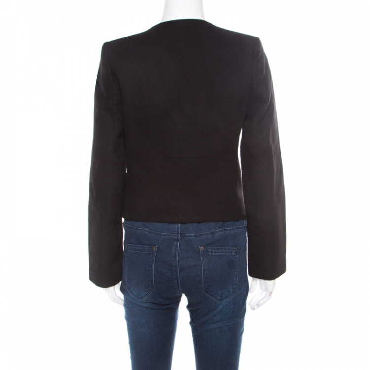 Pre Owned See by Chloe Black Textured Cotton Satin Faux Lapel Collarless Blazer S