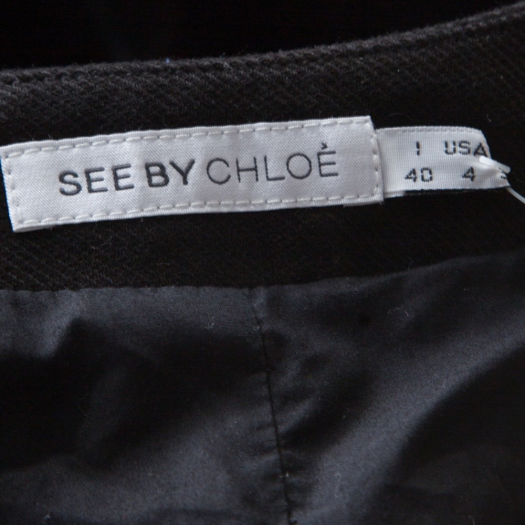 Pre Owned See by Chloe Black Textured Cotton Satin Faux Lapel Collarless Blazer S