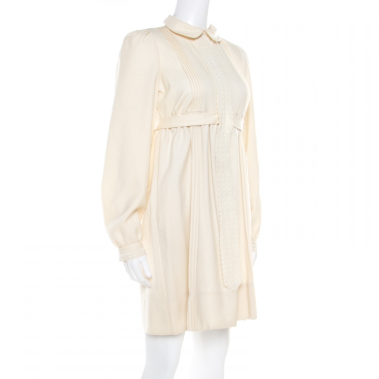 Pre Owned See by Chloe Beige Wool Pintuck Detail Belted Long Sleeve Dress S