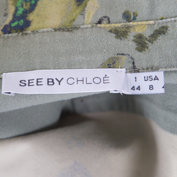 Pre Owned See by Chloe Khaki Green Abstract Butterfly Print Cropped Military Shirt M