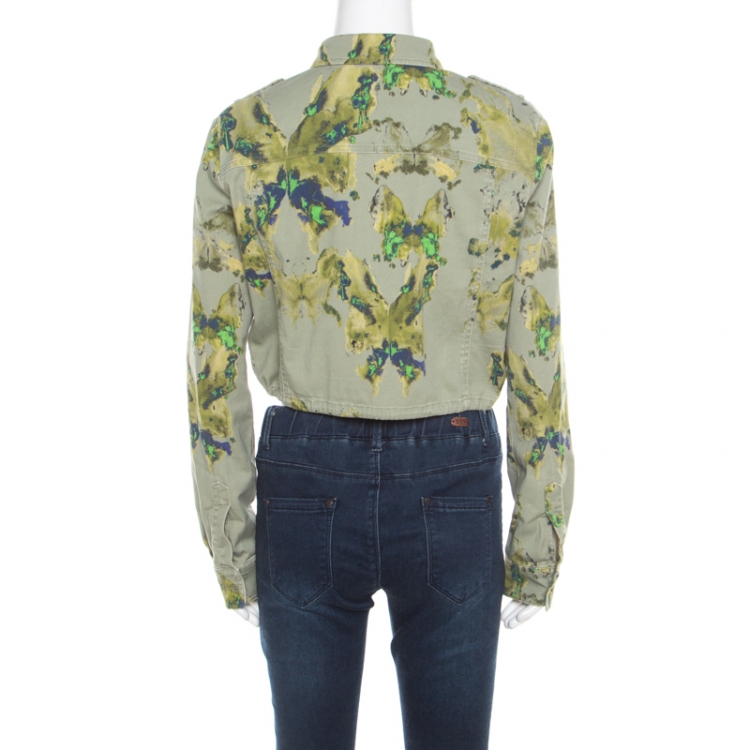Pre Owned See by Chloe Khaki Green Abstract Butterfly Print Cropped Military Shirt M