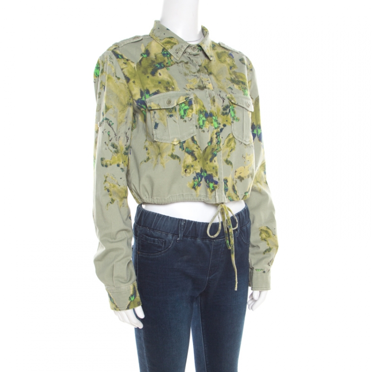 Pre Owned See by Chloe Khaki Green Abstract Butterfly Print Cropped Military Shirt M