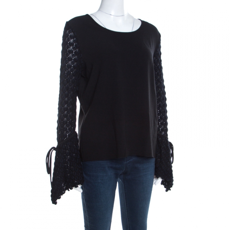 Pre Owned See by Chloe Black Knit Flared Crochet Sleeve Detail Top L