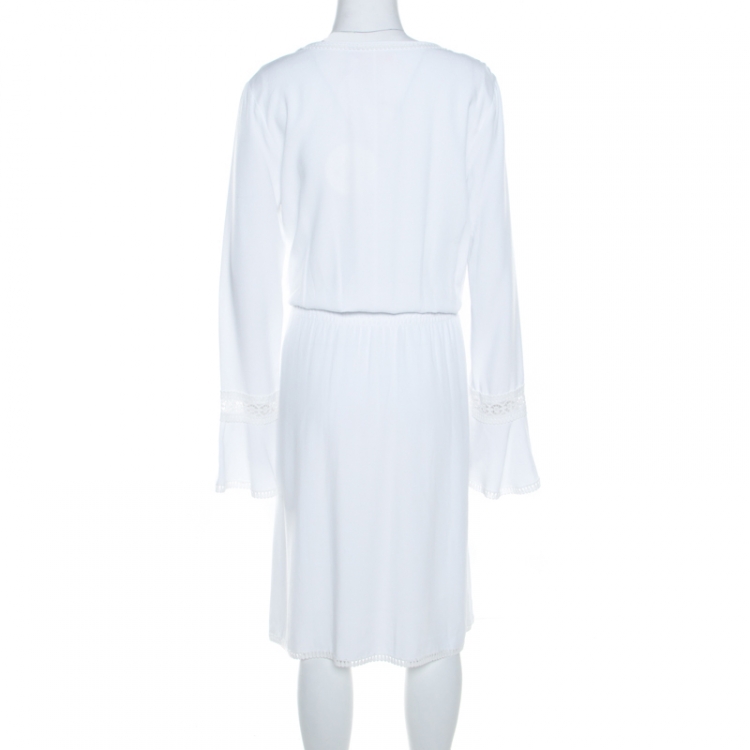 Pre Owned See By Chloe White Powder Lace Trim  Long Sleeve Smocked Waist Dress L