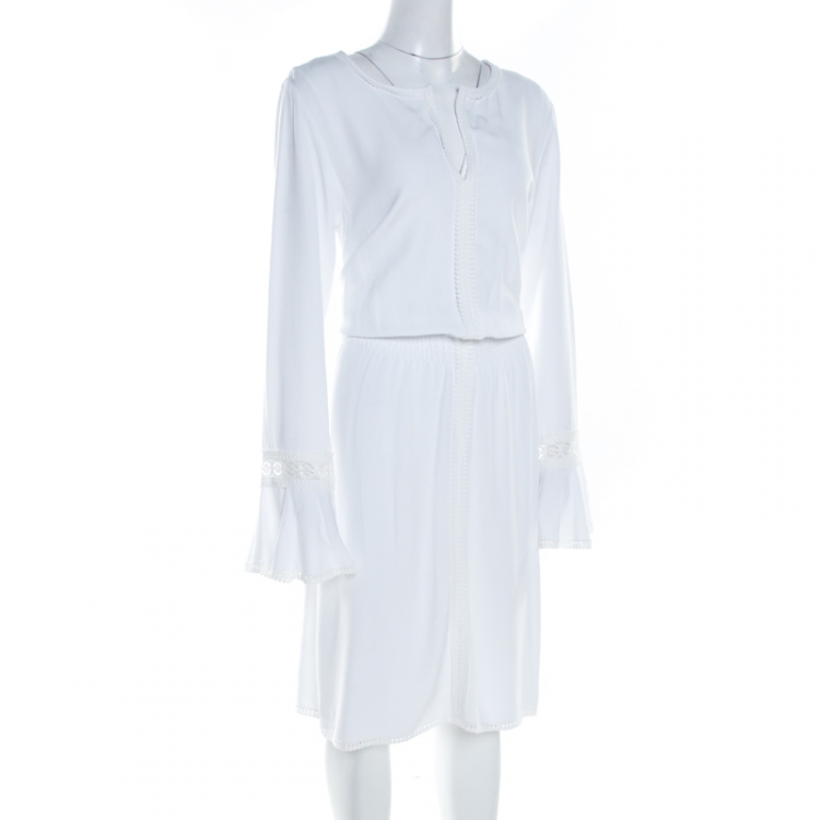 Pre Owned See By Chloe White Powder Lace Trim  Long Sleeve Smocked Waist Dress L