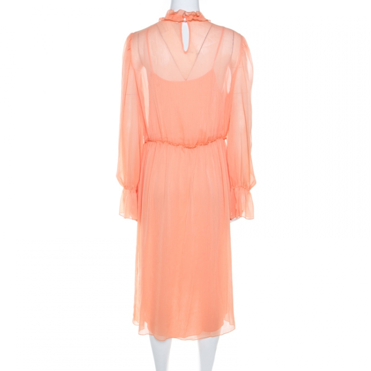 Pre Owned See by Chloe Evening Orange Crepe Georgette Floral Appliqué Ruffled Midi Dress M