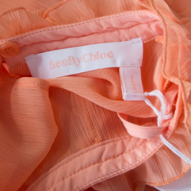 Pre Owned See by Chloe Evening Orange Crepe Georgette Floral Appliqué Ruffled Midi Dress M