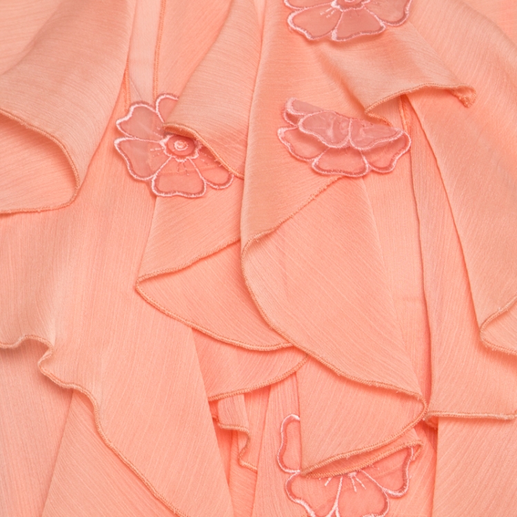 Pre Owned See by Chloe Evening Orange Crepe Georgette Floral Appliqué Ruffled Midi Dress M