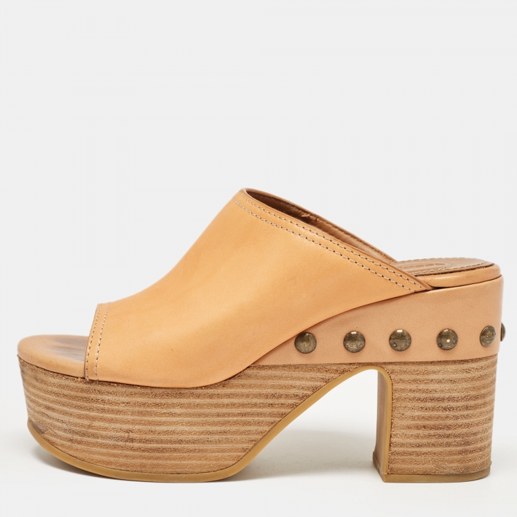 Pre Owned See by Chloe Brown Leather Platform Slide Sandals Size 37