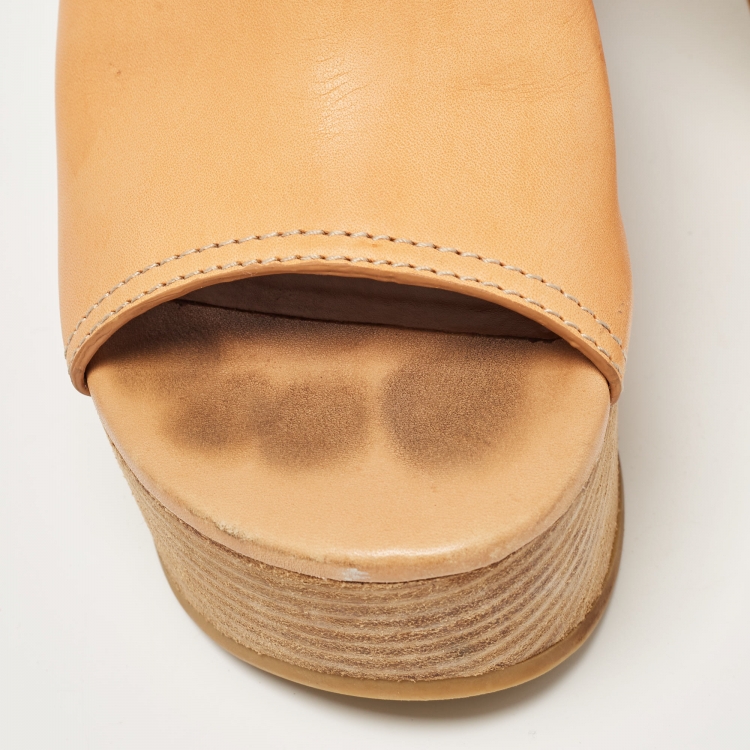 Pre Owned See by Chloe Brown Leather Platform Slide Sandals Size 37
