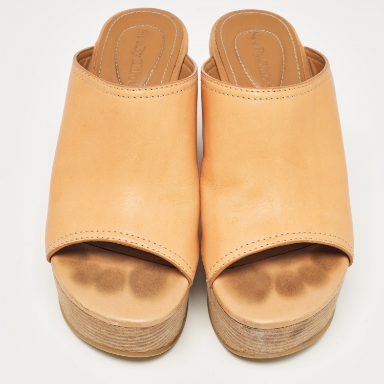Pre Owned See by Chloe Brown Leather Platform Slide Sandals Size 37