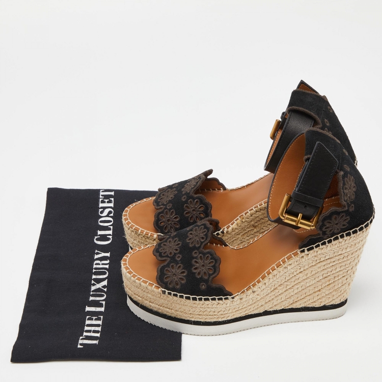 Pre Owned See by Chloe Black Suede Floral Laser-Cut Platform Wedge Espadrille Sandals Size 37