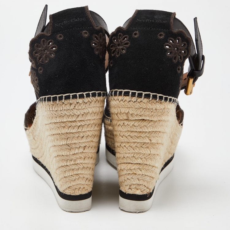Pre Owned See by Chloe Black Suede Floral Laser-Cut Platform Wedge Espadrille Sandals Size 37