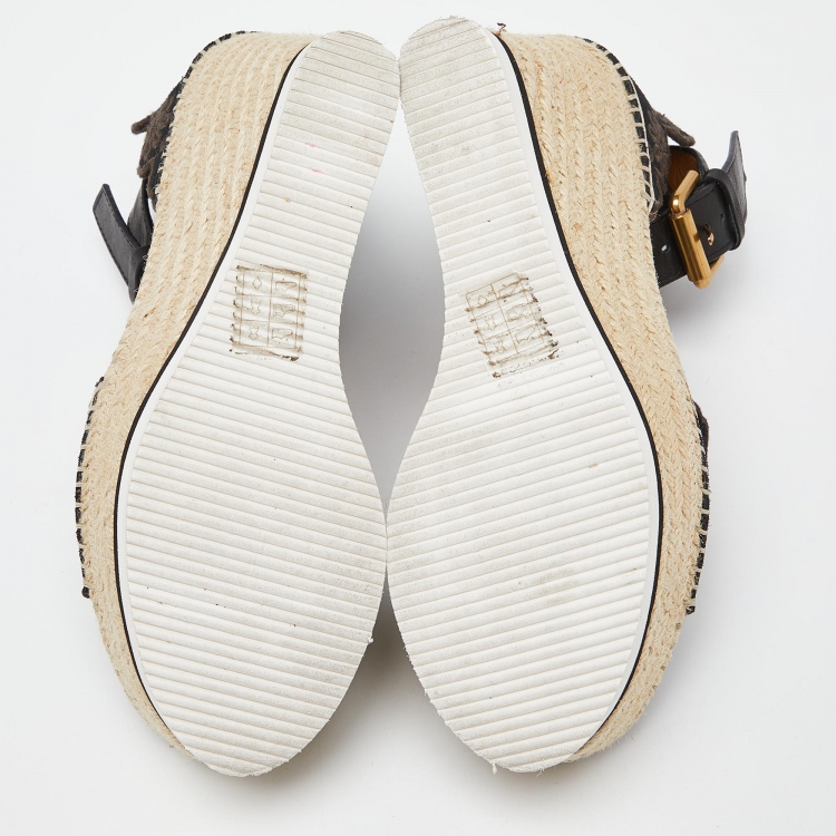 Pre Owned See by Chloe Black Suede Floral Laser-Cut Platform Wedge Espadrille Sandals Size 37