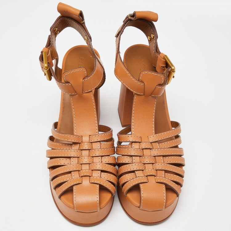 Pre Owned See by Chloe Brown Leather Cila Strappy Platform Block Heel Sandals Size 39