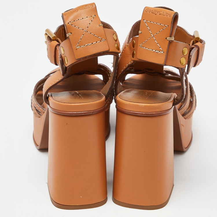 Pre Owned See by Chloe Brown Leather Cila Strappy Platform Block Heel Sandals Size 39