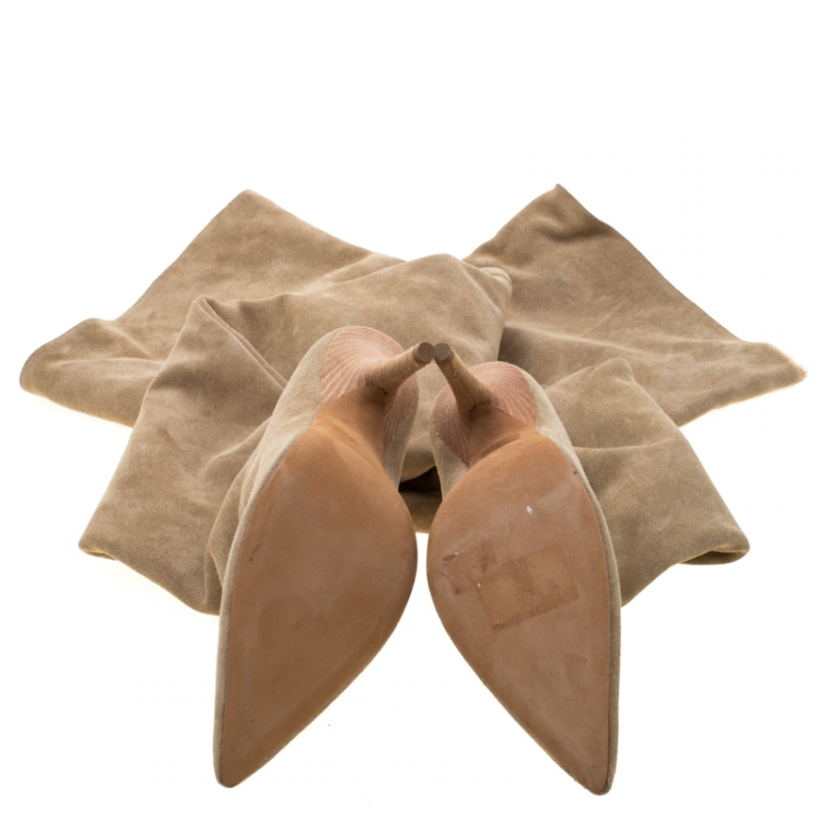 Pre Owned Yeezy Season 5 Beige Suede Thigh High Pointed Toe Boots Size 37