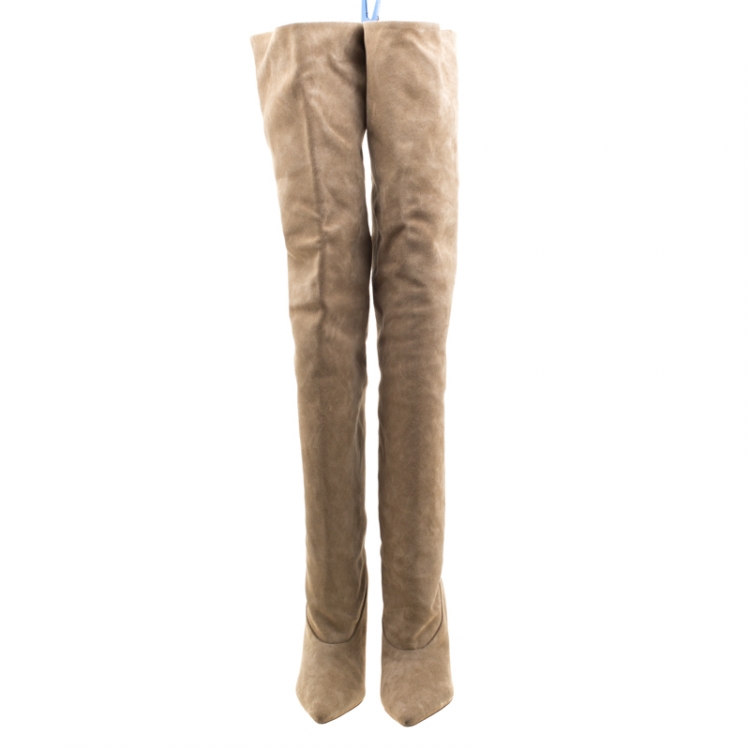 Pre Owned Yeezy Season 5 Beige Suede Thigh High Pointed Toe Boots Size 37