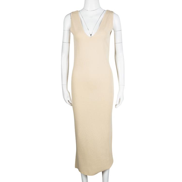 Pre Owned Self Portrait Beige Sleeveless Knit Midi Shift Dress S