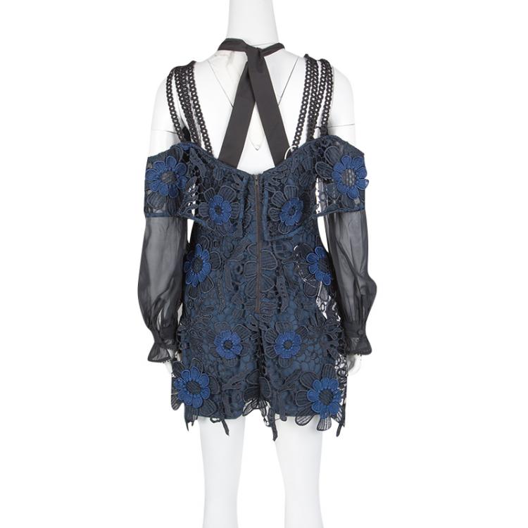 Pre Owned Self Portrait Navy Blue and Black Floral Guipure Lace Off Shoulder Dress S