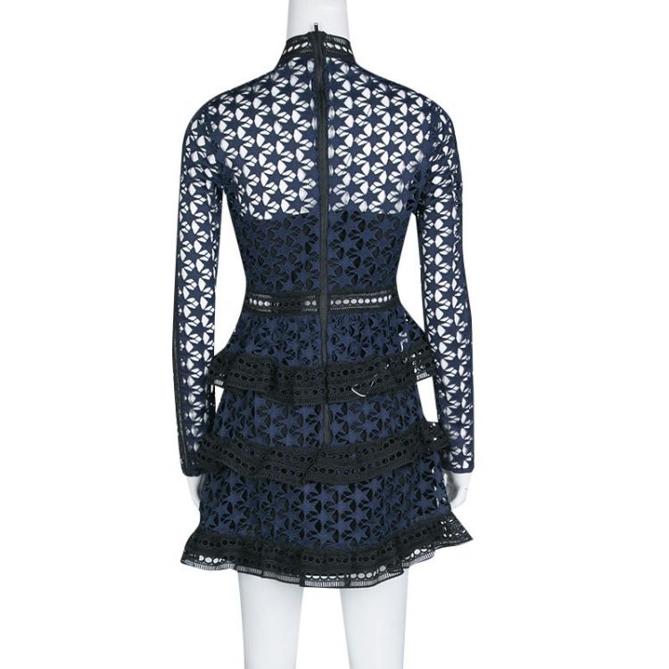 Pre Owned Self Portrait Navy Blue and Black Star Pattern Lace High Neck Tiered Dress M